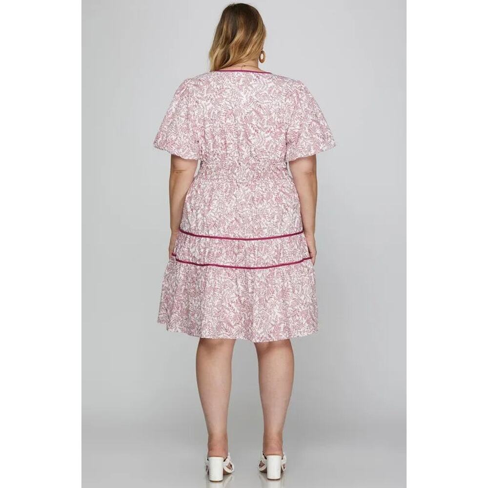 She + Sky Full Size Printed V-Neck Puff Sleeve Tiered Dress Plus Size - Picture 6 of 6